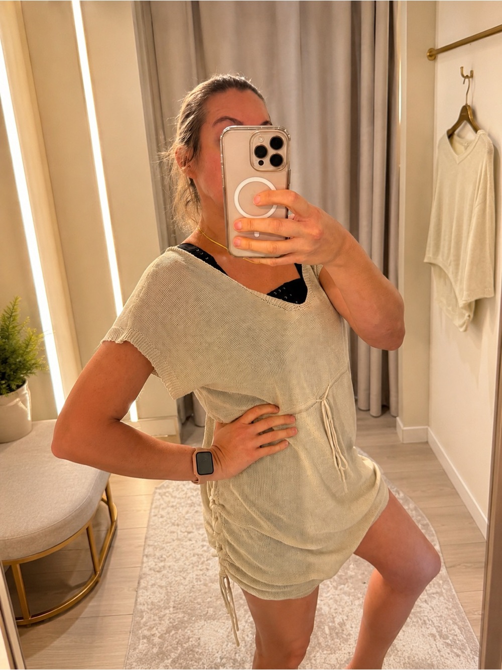 Light Beige Linen Blend Tie-Waist Tunic Dress